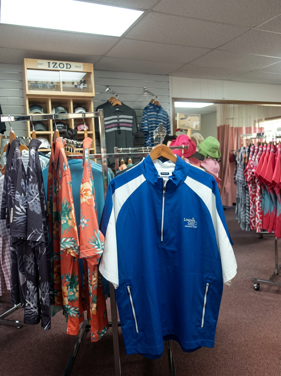 Pink polos, gloves, and tote bags on the wall